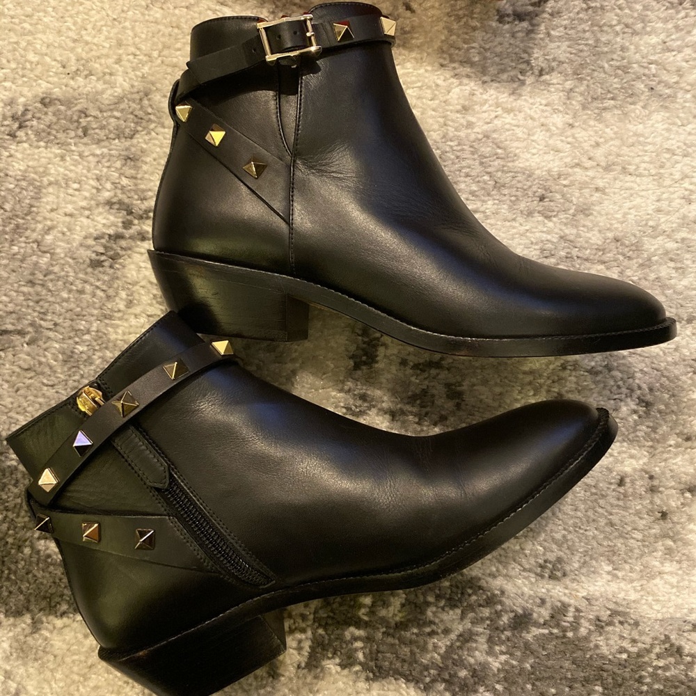 Valentino Black Ankle Boots with Gold Studs